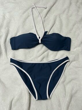 Skatie Swim Navy Blue Bandeau Bikini Set with White Trim